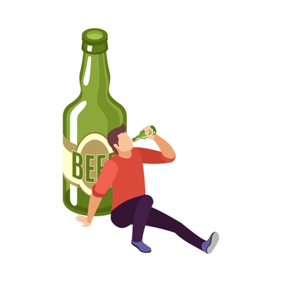 Isometric alcohol addiction concept with drunk man drinking beer 3d vector illustration