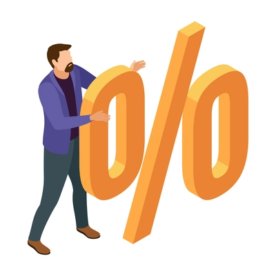 Isometric shopaholism concept with man addicted to shopping hugging percent sign 3d vector illustration