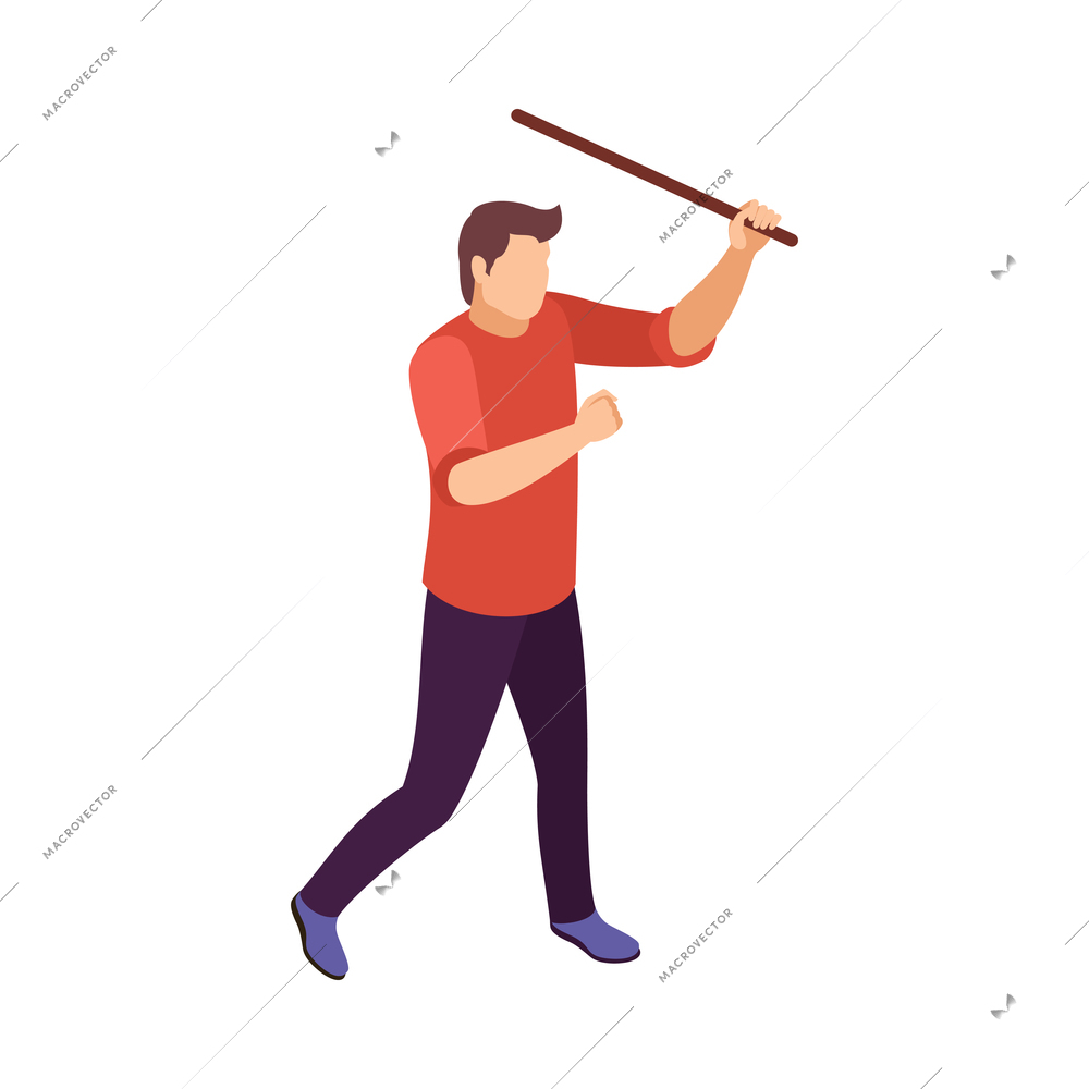 Isometric faceless male character of hooligan walking with wooden stick 3d vector illustration