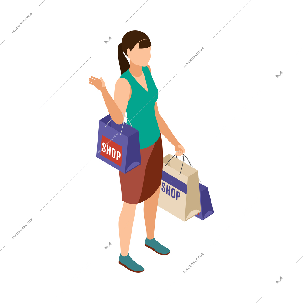 Isometric shopaholism concept with woman holding shopping bags 3d vector illustration