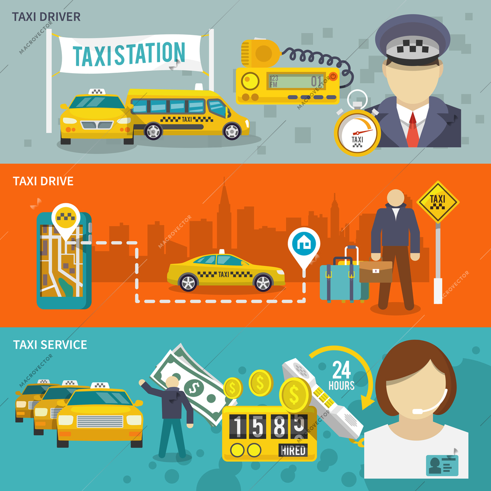 Taxi public auto transport banner set with driver drive service isolated vector illustration