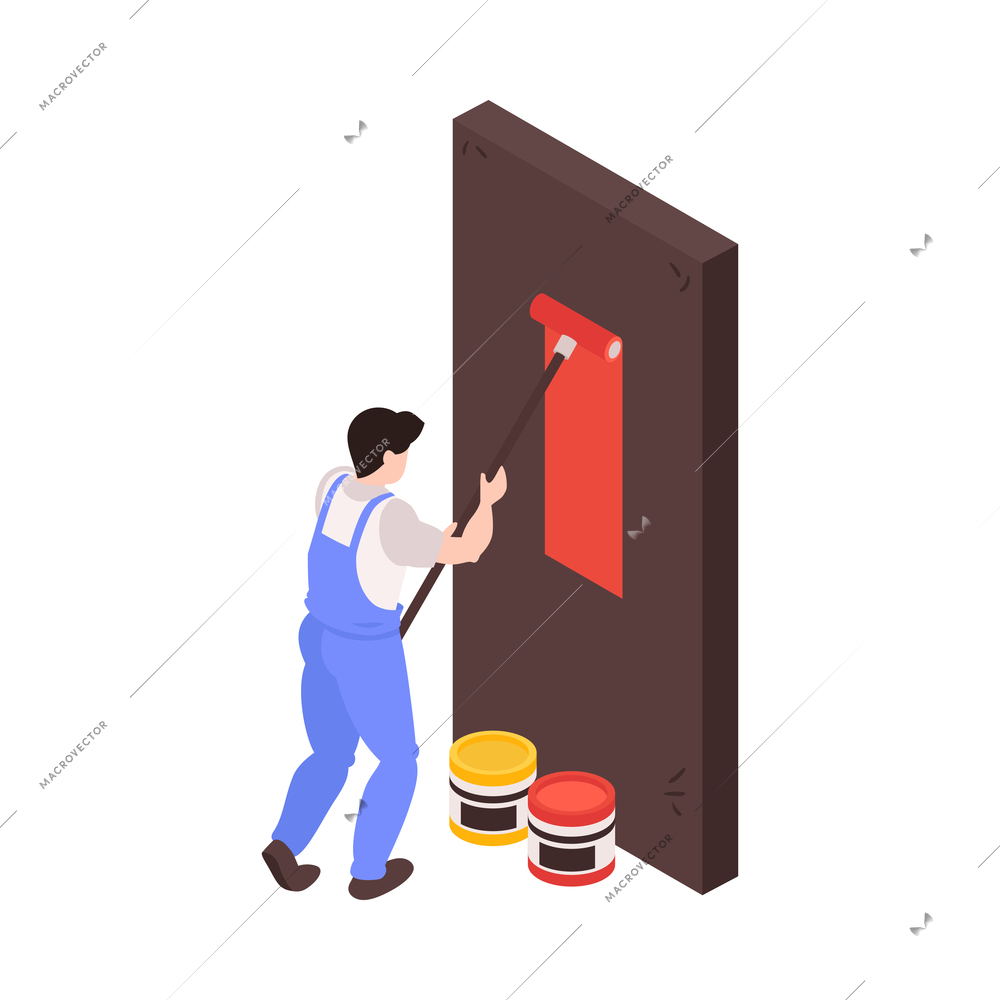 Home renovation isometric icon with worker in uniform painting wall 3d vector illustration