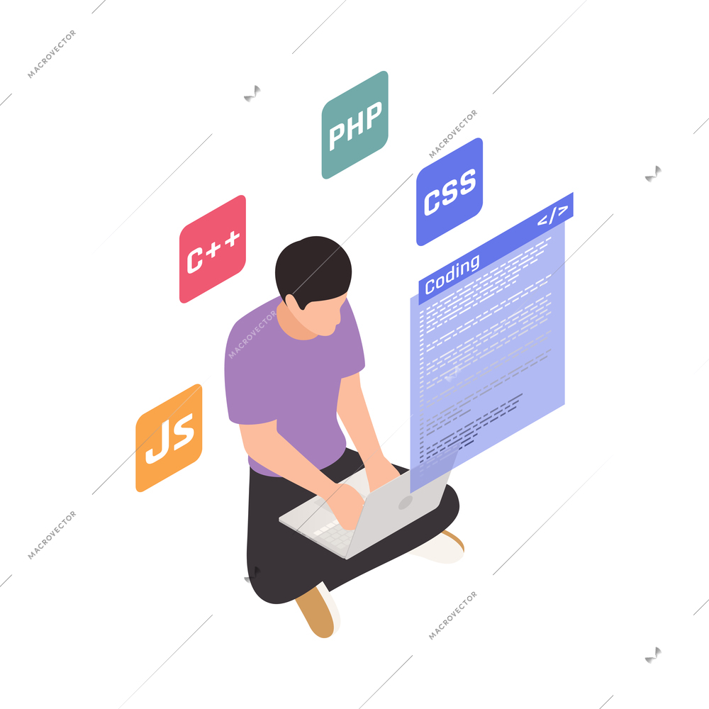 Isometric character of application developer at work 3d vector illustration