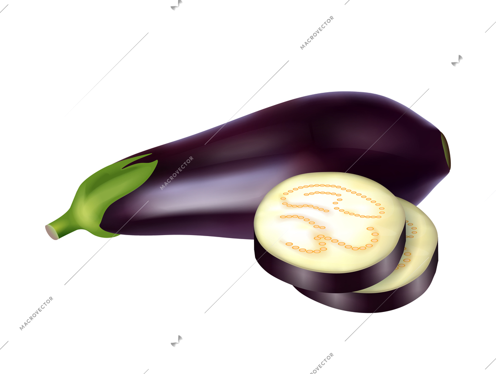 Fresh whole and sliced eggplant on white background realistic vector illustration