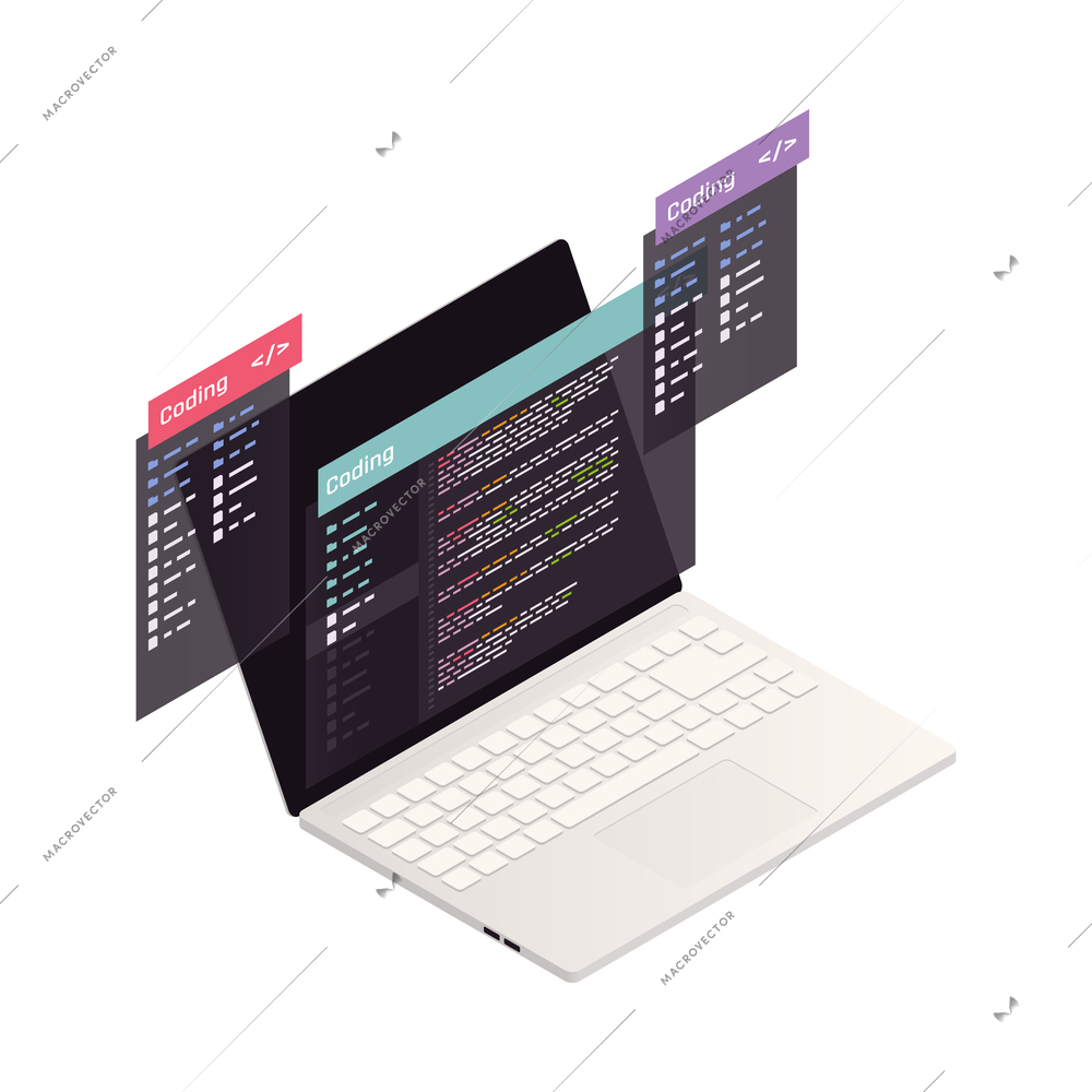 App development coding programming concept with laptop and virtual screens 3d isometric vector illustration