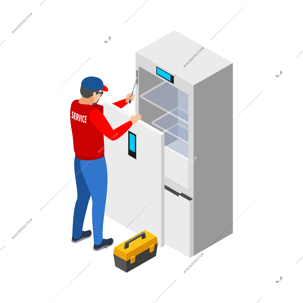 Isometric serviceman with tool kit repairing fridge 3d vector illustration