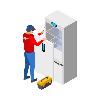 Isometric serviceman with tool kit repairing fridge 3d vector illustration