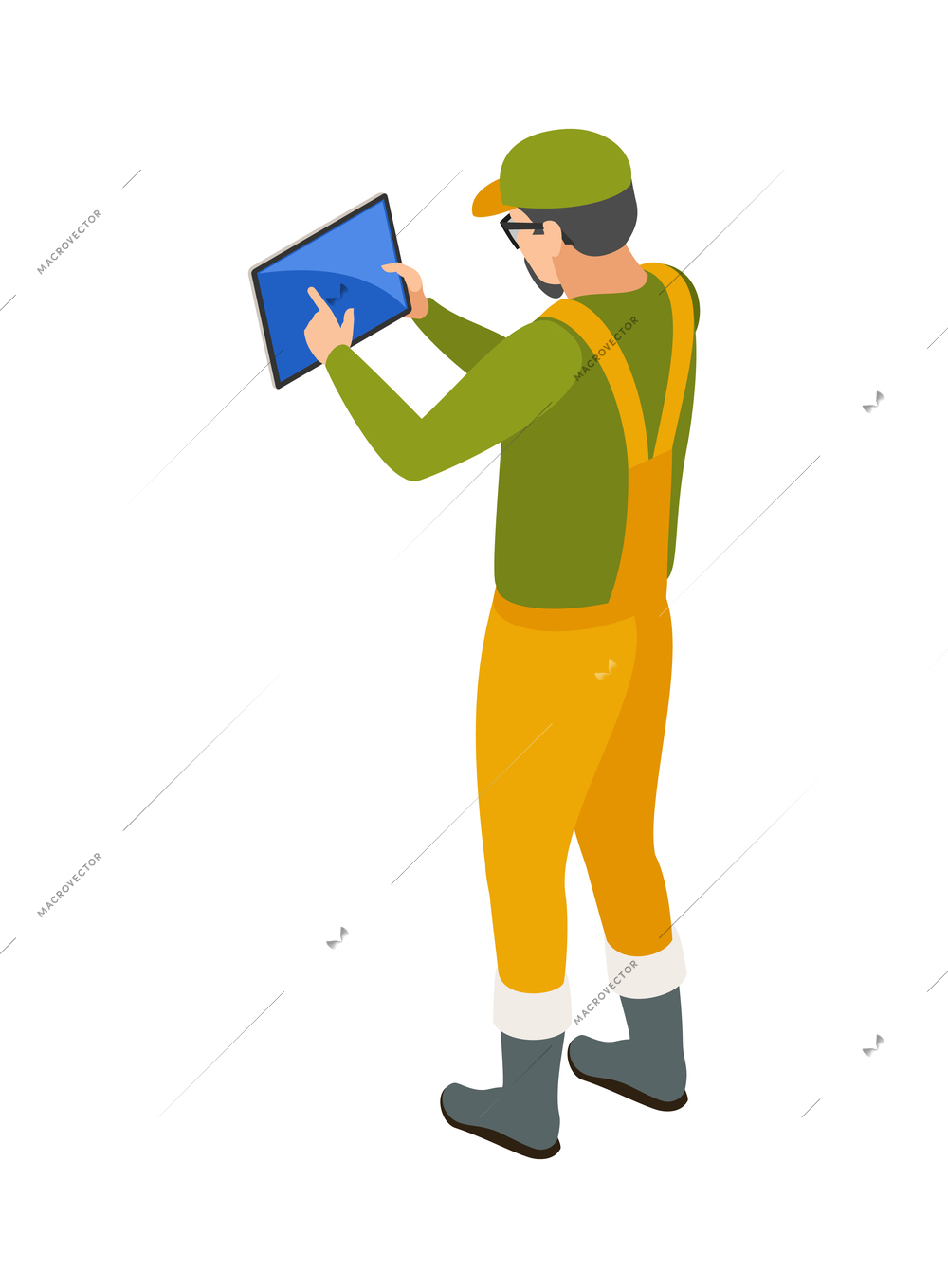 Isometric male farmer with tablet using smart farming technology back view 3d vector illustration