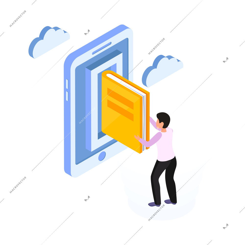 Online education library isometric icon with character taking electronic book 3d vector illustration