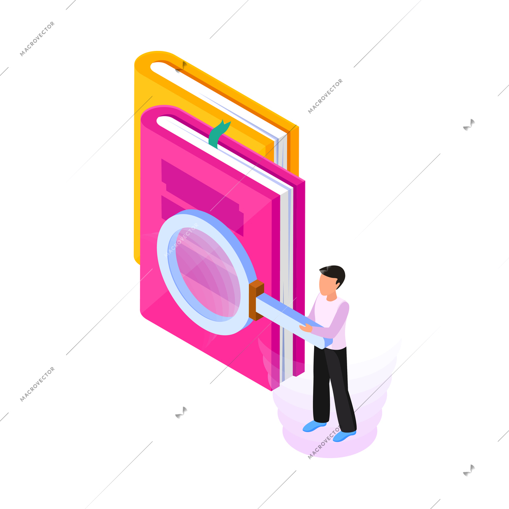 Online education library isometric icon with books and character holding magnifier 3d vector illustration