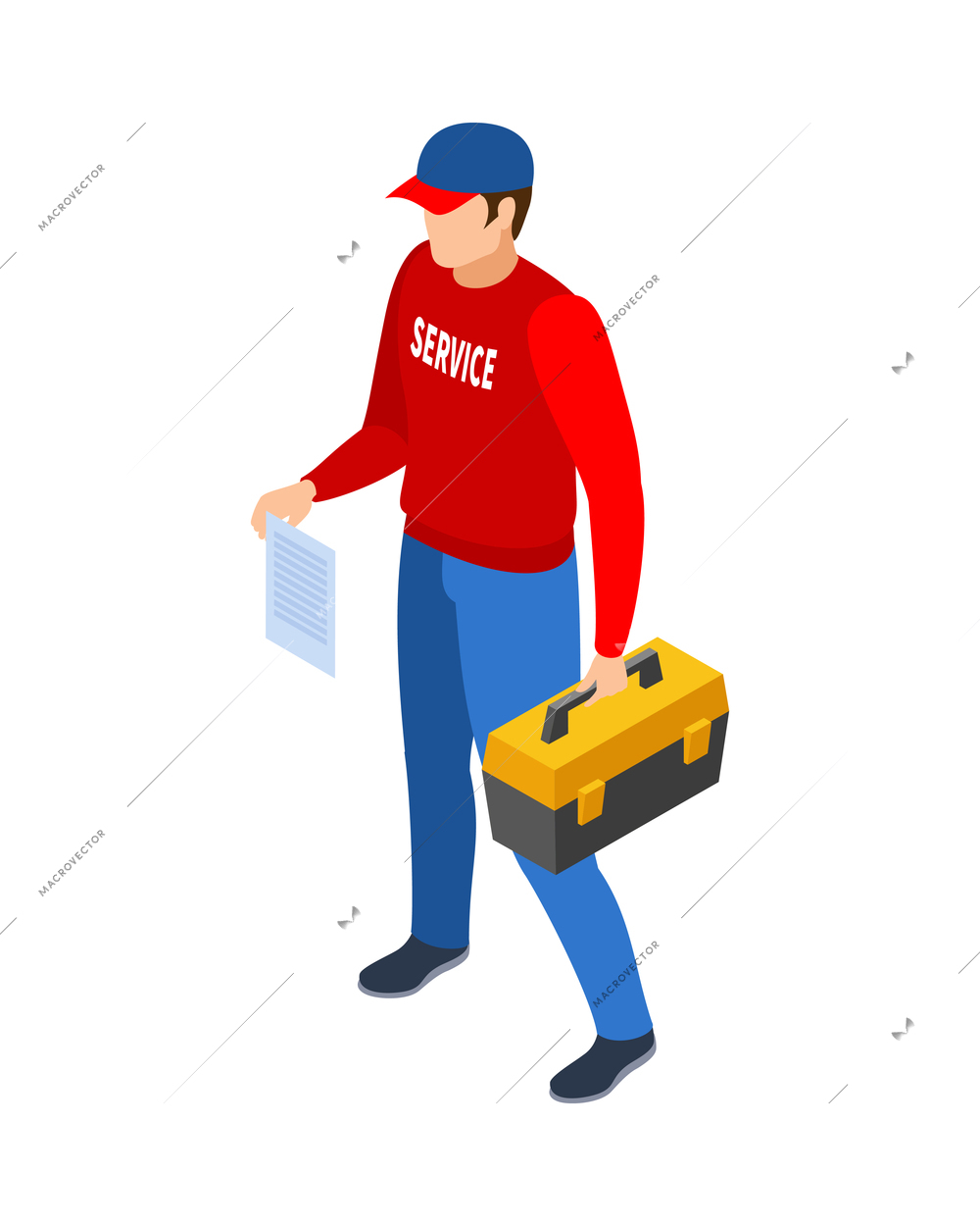 Isometric male character of serviceman with tool kit 3d vector illustration