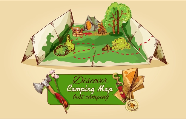Tourist camping map sketch with axe tent campfire picnic box  vector illustration