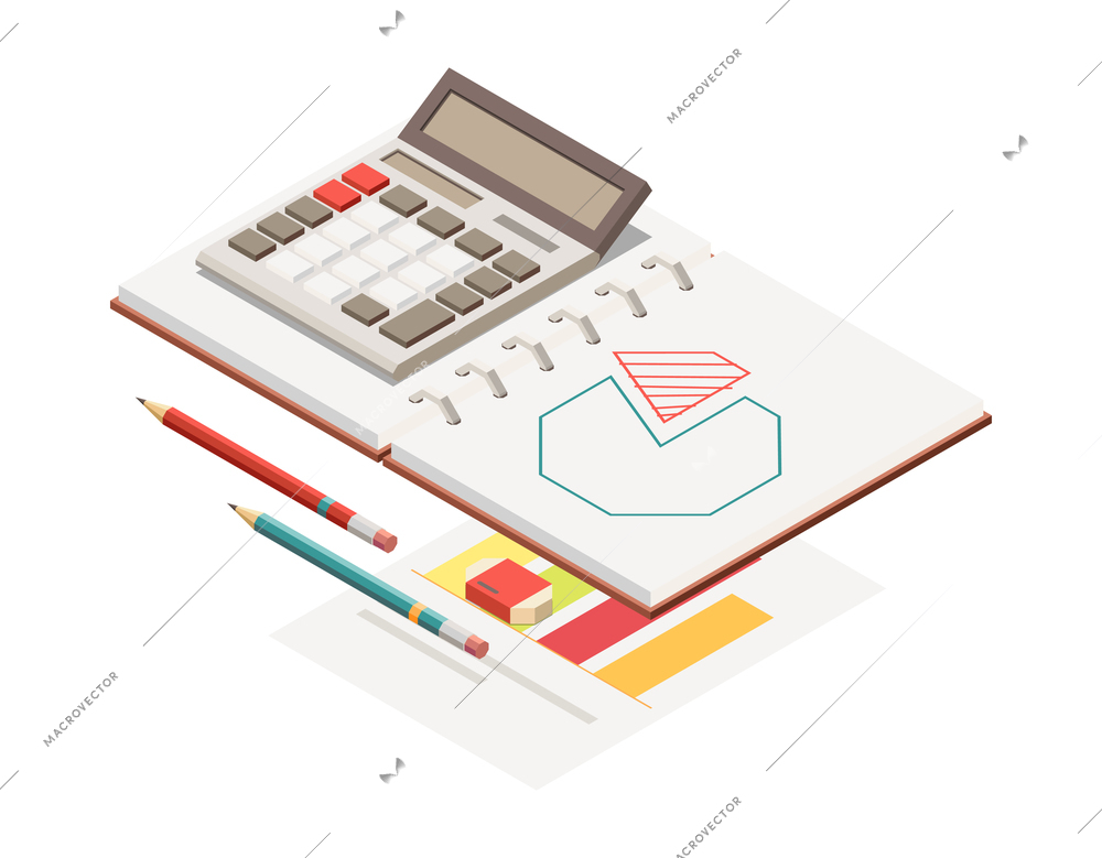 Business strategy concept with diagram on planner page calculator pencil 3d isometric vector illustration