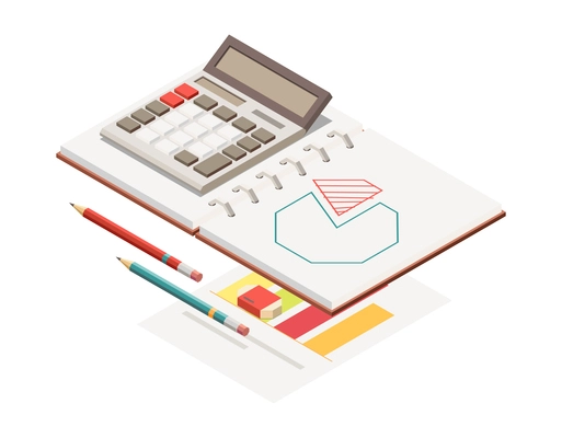 Business strategy concept with diagram on planner page calculator pencil 3d isometric vector illustration