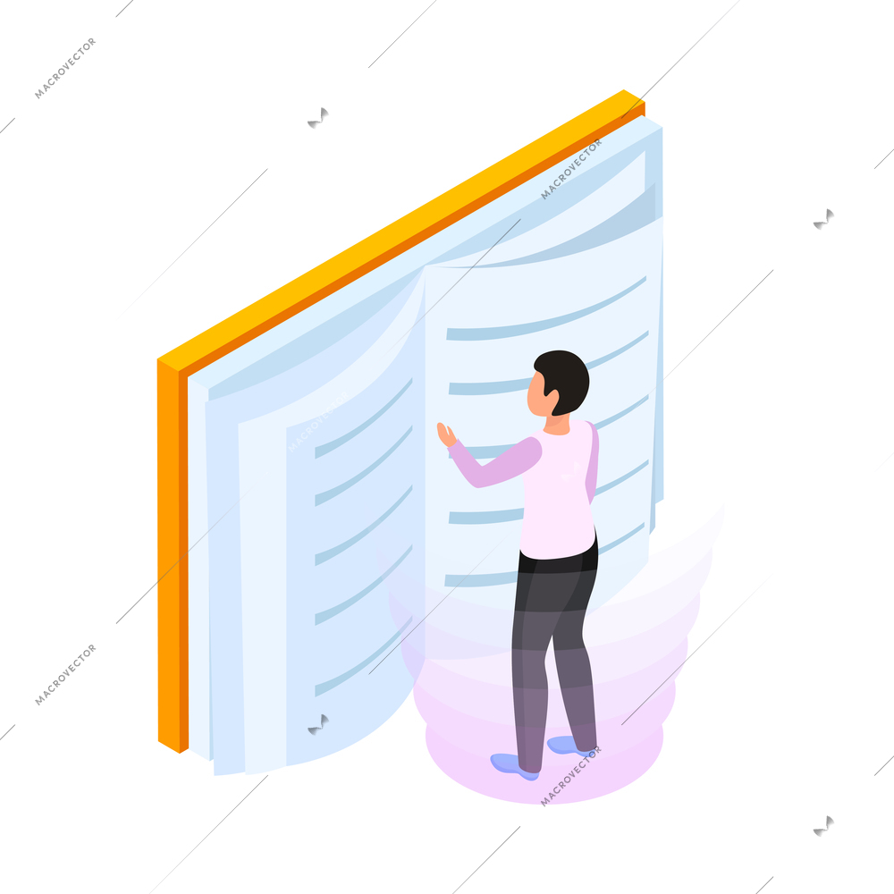 Online education icon with human character reading book 3d isometric vector illustration