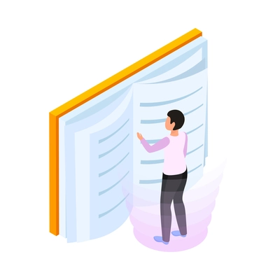 Online education icon with human character reading book 3d isometric vector illustration