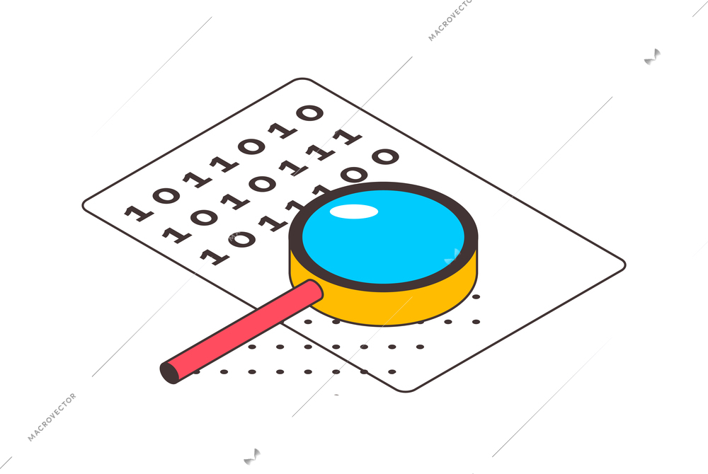 Isometric cyber security icon with binary data and magnifier 3d vector illustration