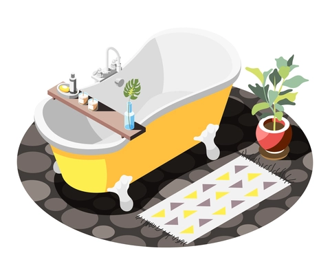 Isometric bathroom loft interior composition with yellow bath and cozy decor elements 3d vector illustration