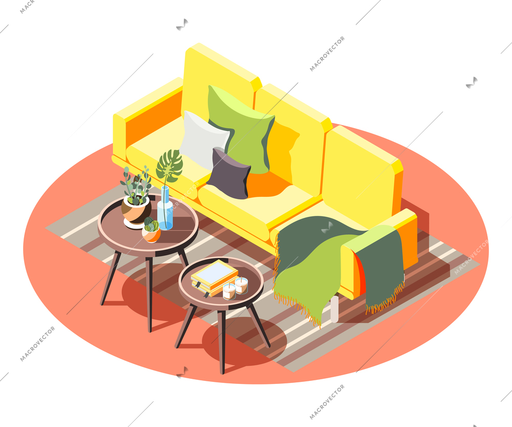 Isometric living room in modern loft style interior with sofa coffee tables candles 3d vector illustration