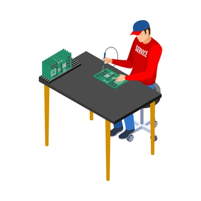 Isometric service center worker repairing computer motherboard 3d vector illustration