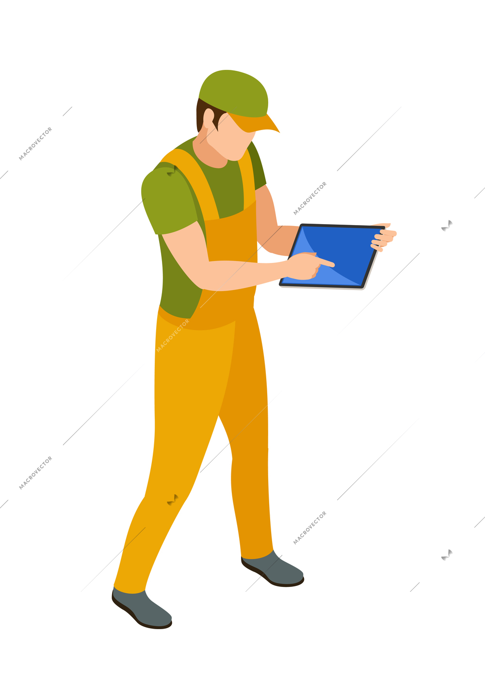 Farmer in uniform using smart wireless agriculture technology 3d isometric vector illustration