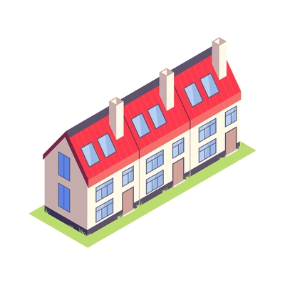 Row of isometric modern detached houses on green grass 3d vector illustration