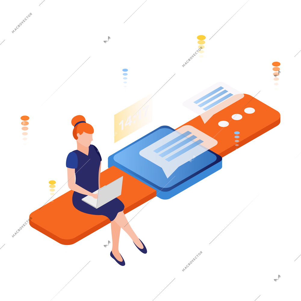 People and interface isometric icon with female character using laptop and smartwatch 3d vector illustration