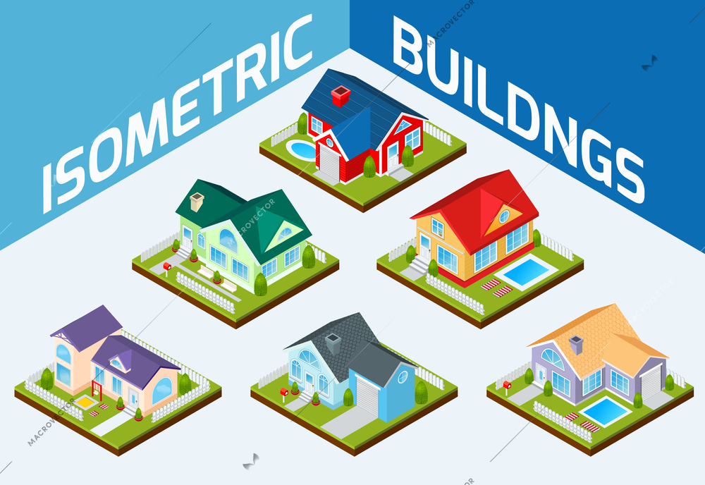 Private house real estate decorative icons set 3d isometric isolated vector illustration