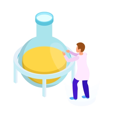 Science research isometric icon with character of scientist and big glass flask 3d vector illustration