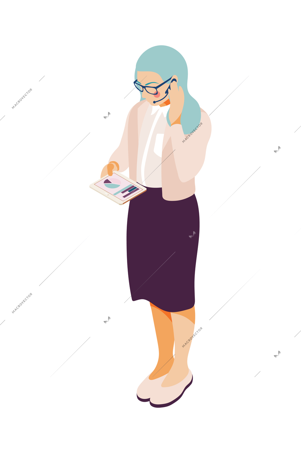 Effective management concept icon with woman talking on phone and looking at financial chart on tablet screen 3d vector illustration