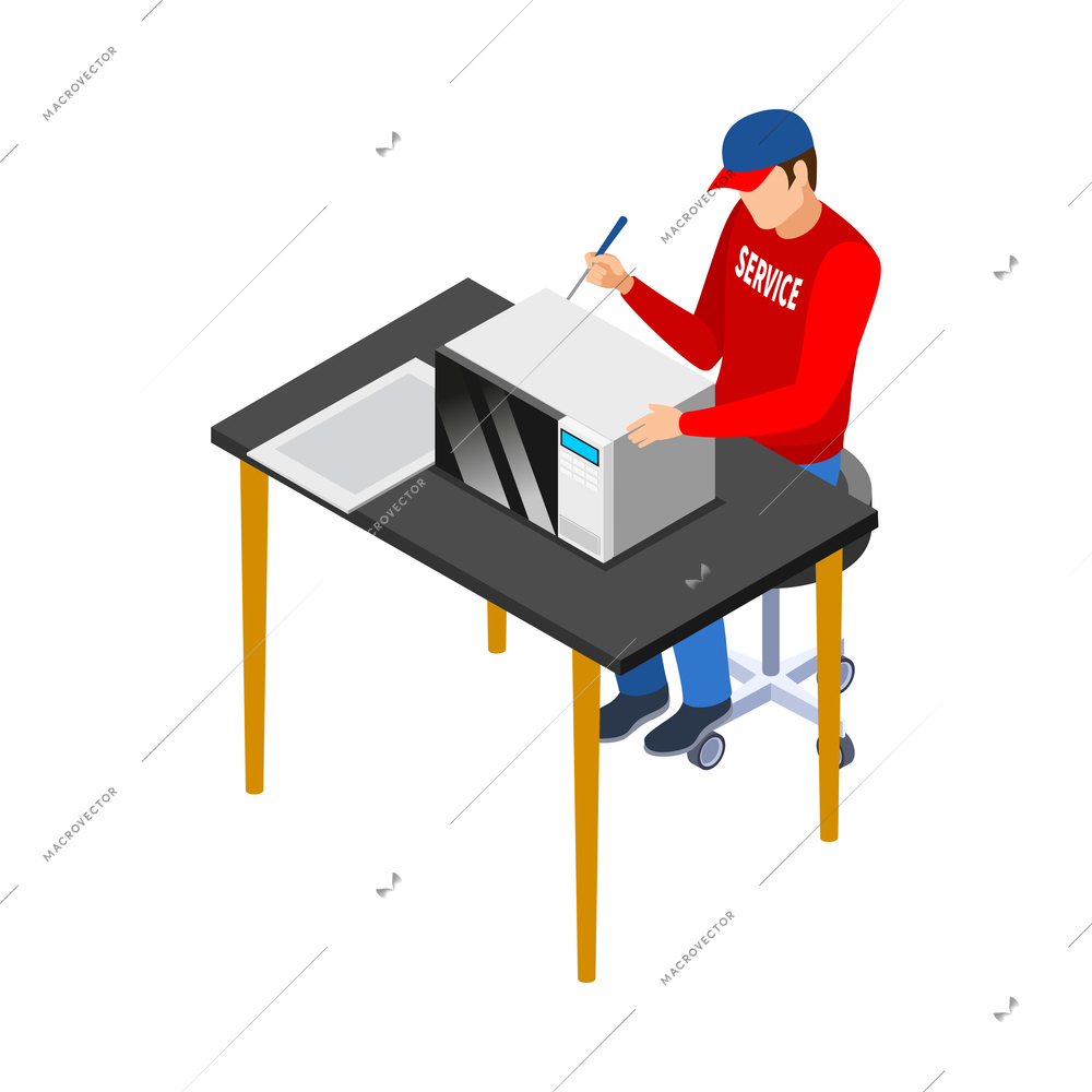 Serviceman fixing broken microwave oven in service center 3d isometric vector illustration