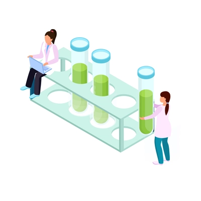 Science research isometric icon with two scientists and rack with glass tubes 3d vector illustration