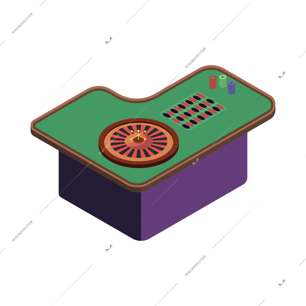 Casino roulette table with stacks of chips 3d isometric vector illustration