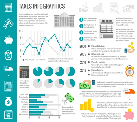 Government tax money finance cut paying reducing symbols infographics set with charts vector illustration