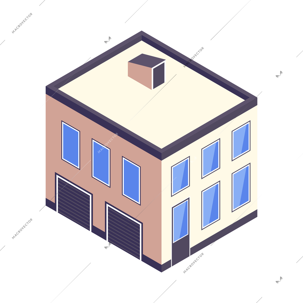 Isometric urban building with two garage doors 3d vector illustration
