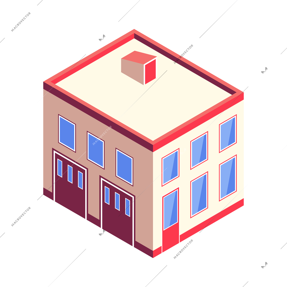 Isometric low rise urban building exterior 3d vector illustration