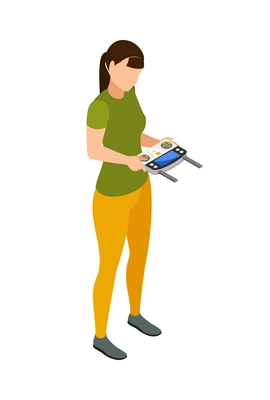 Female drone operator holding remote control isometric 3d vector illustration