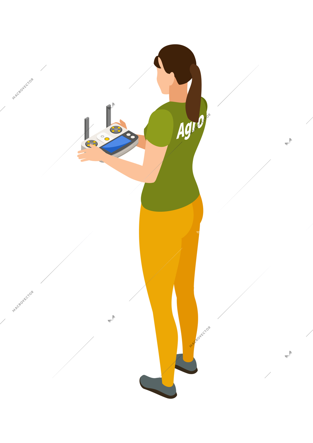 Woman drone operator with remote controller back view 3d isometric vector illustration