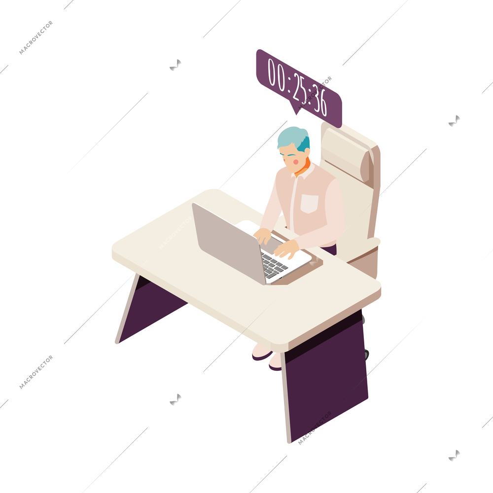 Effective time management concept with businessman working on laptop in office 3d isometric vector illustration