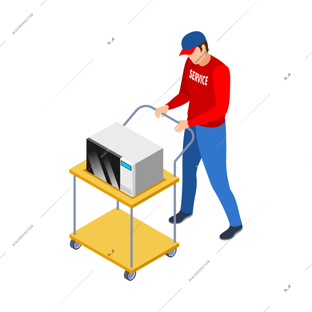 Serviceman carrying microwave oven on trolley 3d isometric vector illustration