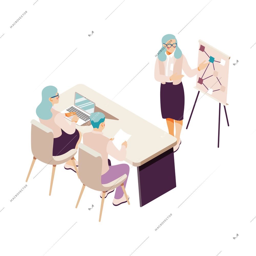 Business teamwork icon with three isometric office people planning strategies 3d vector illustration