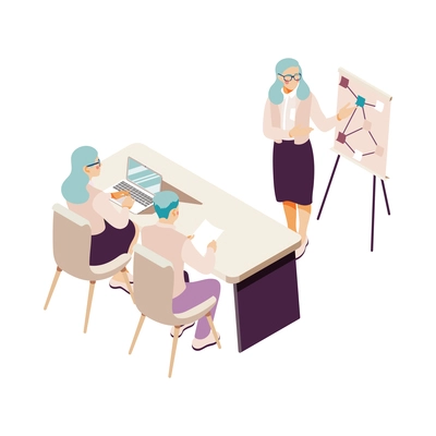 Business teamwork icon with three isometric office people planning strategies 3d vector illustration