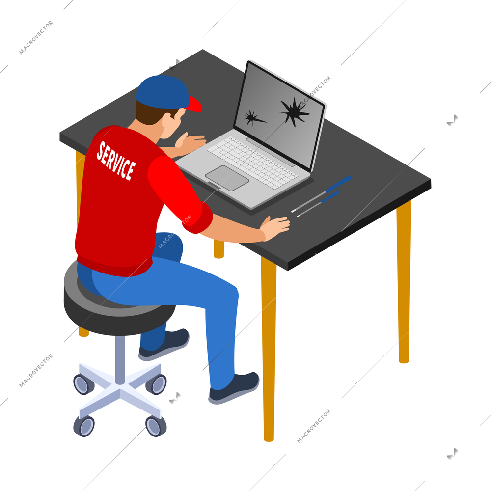 Isometric service center worker fixing laptop with cracked screen 3d vector illustration