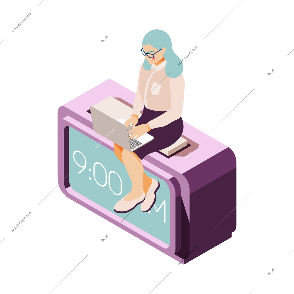 Effective time management concept with businesswoman working on laptop sitting on giant clock 3d isometric vector illustration