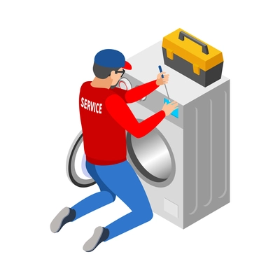 Isometric serviceman repairing washing machine 3d vector illustration