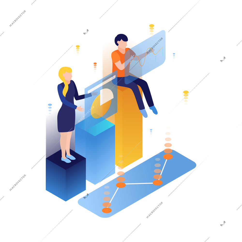 People and interface isometric icon with human characters using hologram screen 3d vector illustration