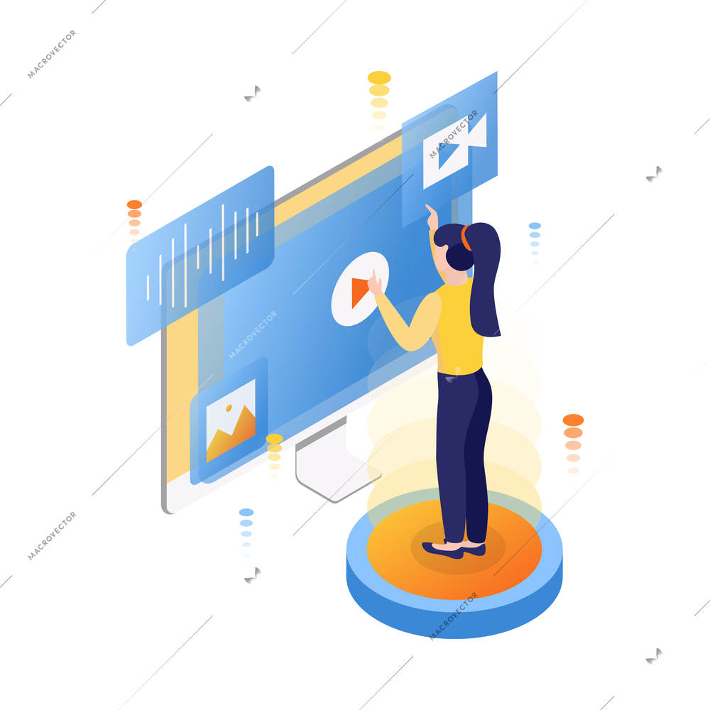 People and interface isometric icon with female user and computer screen 3d vector illustration