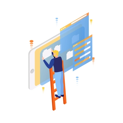 People and interfaces isometric icon with man using interactive smartphone screen 3d vector illustration