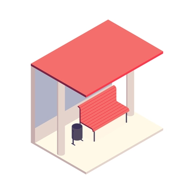 Isometric bus stop or gazebo with bench and rubbish bin 3d vector illustration