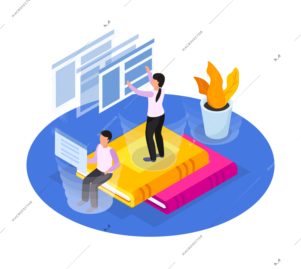 Online library conceptual composition with people reading ebooks 3d isometric vector illustration